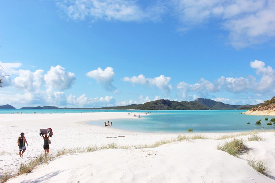 a group of people on a beach near a body of water