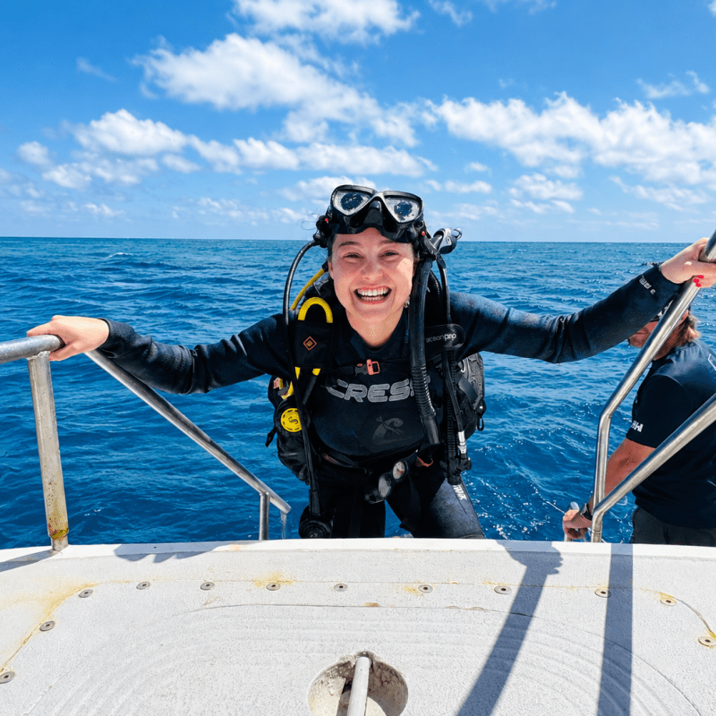 Scuba diver smiling, exiting water onto a boat under a clear blue sky.