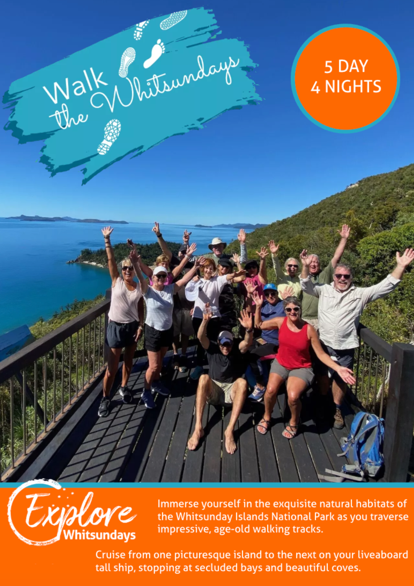 Group on a deck overlooking ocean with 'Walk the Whitsundays' text and tour details.