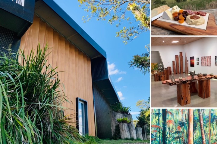 Collage of modern building, cheese platter, art gallery, and forest painting.