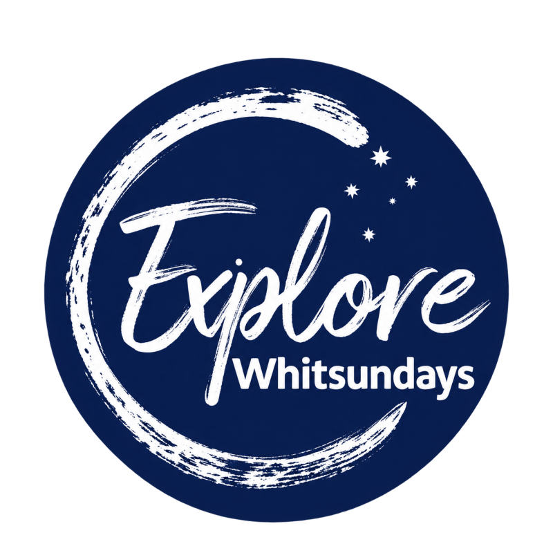 Blue circular logo with 'Explore Whitsundays' and small stars.